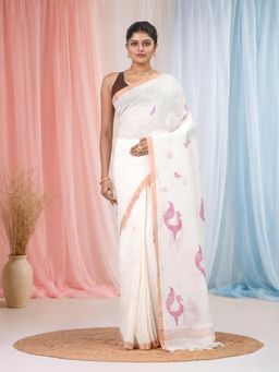 CHARUKRITI - White Linen Bird Motifs and Zari Borders Saree