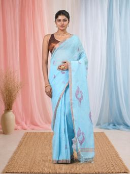 CHARUKRITI - Sky Blue Linen Bird Motifs and Zari Borders Saree