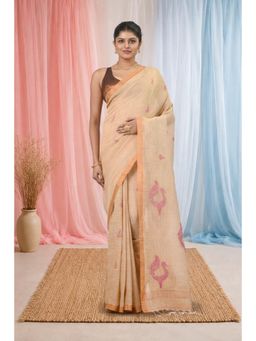 CHARUKRITI - Beige Linen Bird Motifs and Zari Borders Saree