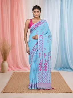 CHARUKRITI - Sky Blue Cotton Woven Patterns and Tassel Border Saree