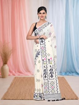 CHARUKRITI - Off White Cotton Woven Patterns and Tassel Border Saree