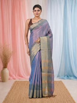 CHARUKRITI - Elegant Blue Tissue Contrasting Golden Border Saree