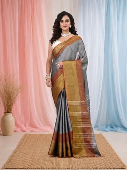 CHARUKRITI - Elegant Grey Tissue Contrasting Golden Border Saree