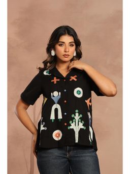 AADVIKA - Black Hand Embroidery Icon Print Short-Sleeve Button-Up Shirt