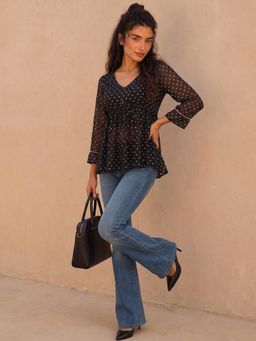 AADVIKA - Black Trendy V-Neck Bandhani Top