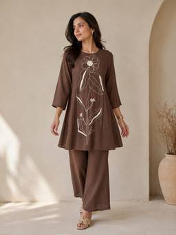 CUSTARD - Multi-Color Floral Embroidered A-Line Co-Ord Set for Women