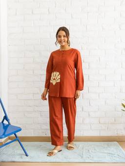 CUSTARD - Rust Floral Embroidered Cotton Co-Ord Set for Women