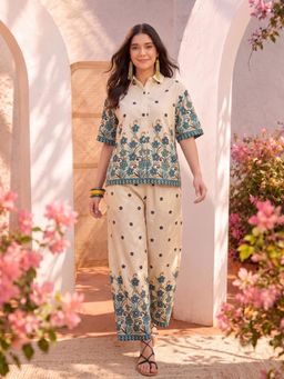 CLO - Blue Floral Printed Cotton Blended Co-Ord Set
