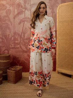 CLO - Orange Floral Printed Cotton Blended Full Sleeves Co-Ord Set