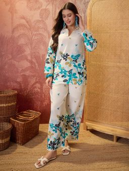 CLO - Blue Floral Printed Cotton Blended Full Sleeves Co-Ord Set