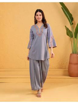 CUSTARD - Light Blue Embroidered Cotton Short Kurti and Salwar