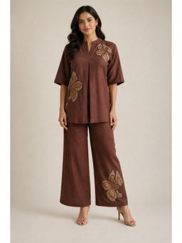 CUSTARD - Brown Embroidered Cotton Co-Ord Set
