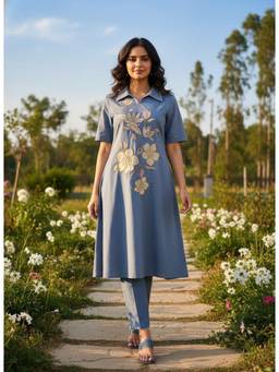 CUSTARD - Light Blue Embroidered Cotton Kurta with Pant