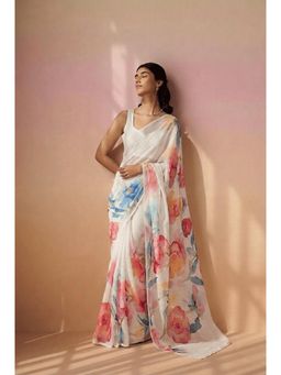 Zari Jaipur - White Chiffon Floral Print Saree