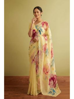 Zari Jaipur - Yellow Chiffon Floral Print Saree
