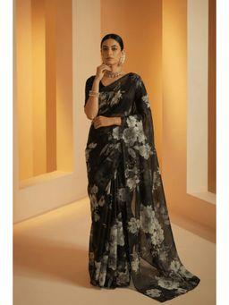 Zari Jaipur - Black Chiffon Floral Print Saree