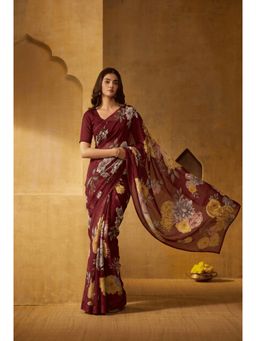 Zari Jaipur - Maroon Chiffon Floral Print Saree