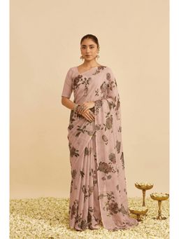 Zari Jaipur - Mauve Chiffon Floral Print Saree