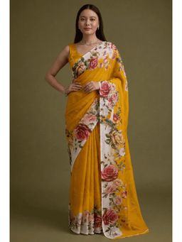Zari Jaipur - Yellow Chiffon Floral Print Saree