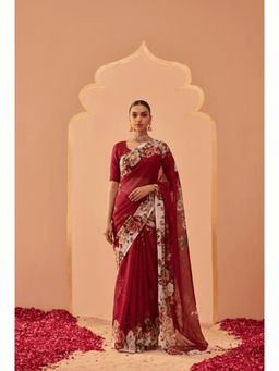Zari Jaipur - Red Chiffon Floral Print Saree