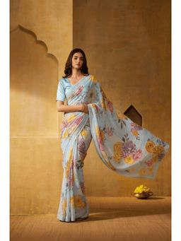 Zari Jaipur - Blue Chiffon Floral Print Saree