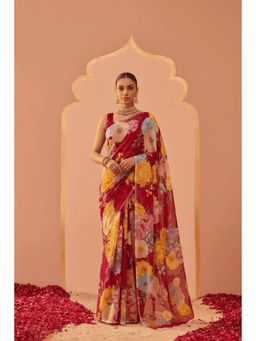 Zari Jaipur - Red Chiffon Floral Print Saree