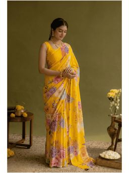 Zari Jaipur - Yellow Chiffon Floral Print Saree