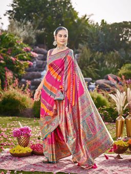 Manohari - Pink and Orange Banarasi Jacquard Woven Silk Blend Festive Saree