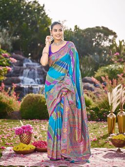 Manohari - Blue and Purple Banarasi Jacquard Woven Silk Blend Wedding Saree