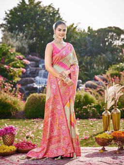 Manohari - Cream and Pink Banarasi Jacquard Woven Silk Blend Ethnic Saree