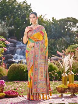 Manohari - Mustard Yellow and Green Banarasi Jacquard Woven Silk Blend Festive Saree