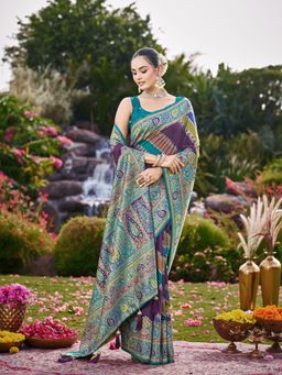 Manohari - Purple and Blue Banarasi Jacquard Woven Silk Blend Wedding Saree