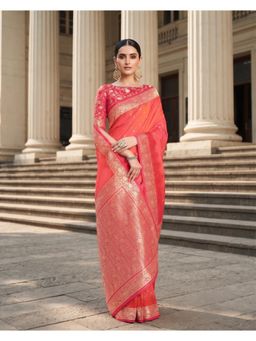 Monjolika Fashion - Coral Pink Soft Silk Banarasi Saree