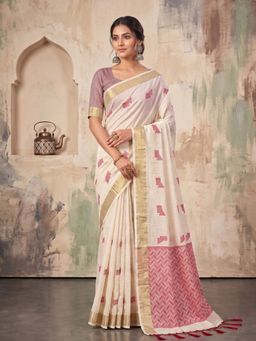 Sutriti - Off White Linen Saree for Women Festive Wedding Wear