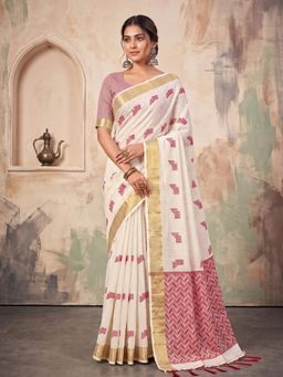 Sutriti - Off White Linen Saree for Women Festive Wedding Wear