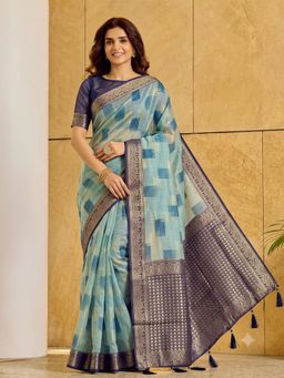 Sutriti - Sky Blue Cotton Saree For Women Navy Border Festive and Party Ethnic Wear
