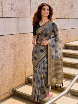 Sutriti - Grey Cotton Saree For Women Black Zari Border Formal and Party Ethnic Wear