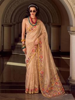Sutriti - Beige Tissue Silk Sari Floral Embroidered Festive Wedding Ethnic Wear