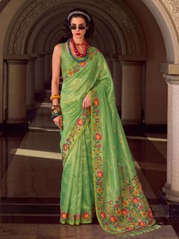 Sutriti - Light Green Tissue Silk Saree For WomenFloral Embroidered Party Wear