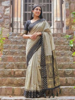 Sutriti - Beige and Black Premium Cotton Saree For Women Festive, Party and Ethnic Wear