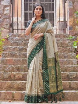 Sutriti - BeigeOlive Green Premium Cotton Saree For Women Festive, PartyEthnic Wear