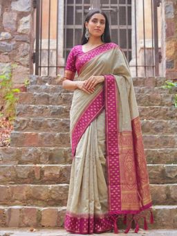 Sutriti - Beige and Rani Pink Premium Cotton Saree For Women Festive, Party and Ethnic Wear