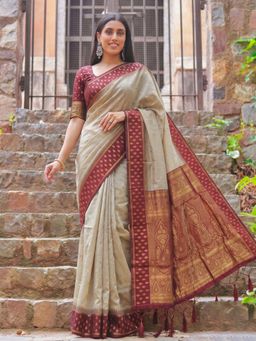 Sutriti - Beige and Maroon Premium Cotton Saree For Women Festive, Party and Ethnic Wear