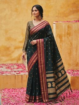 Sutriti - Midnight Luxurious Black Soft Silk Saree with Magenta Gold Zari Border