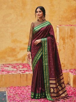 Sutriti - Regal Ruby: Deep Maroon Silk Saree with Contrast Emerald Green Border