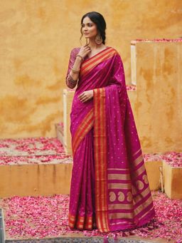 Sutriti - Emerald Empress: Magenta Silk Saree with Rich Crimson Red Zari Border