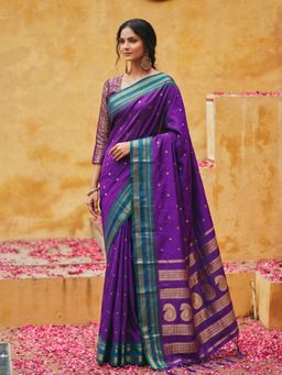 Sutriti - Violet Soft Silk Saree with Contrast Green Zari Border