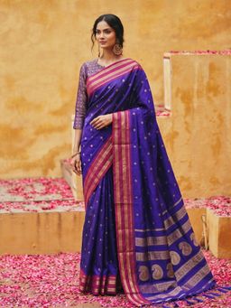Sutriti - Blue Soft Silk Saree with Contrast Red Zari Border