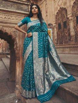 Sutriti - Luxurious Teal Blue Soft Silk Saree for Women Festive Wedding Party Wear