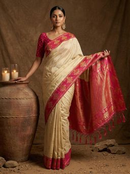 Sutriti - Cream Banarasi Soft Silk Saree for Women Festive Wedding Ethnic Saree